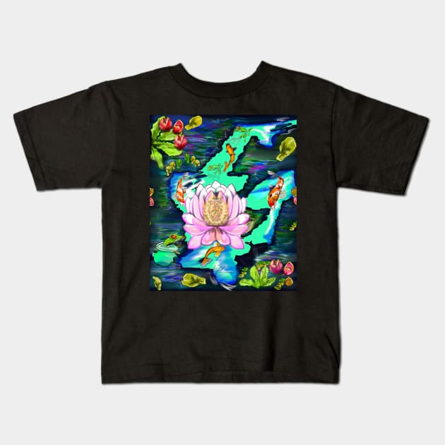 Best fishing gifts for fish lovers 2022. Koi fish swimming in a koi pond with frogs and water lilies Kids T-Shirt by Artonmytee